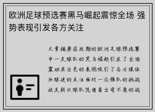 欧洲足球预选赛黑马崛起震惊全场 强势表现引发各方关注