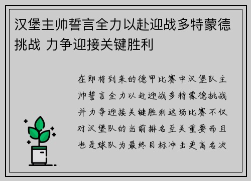 汉堡主帅誓言全力以赴迎战多特蒙德挑战 力争迎接关键胜利